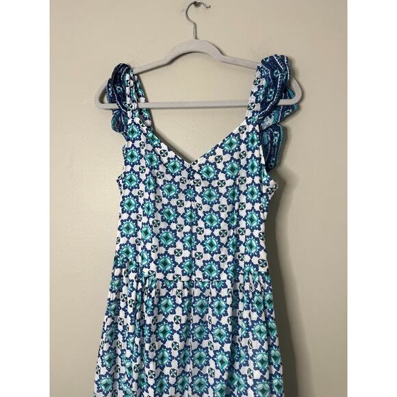 Lucky Brand Maxi Dress Long Smocked Tiered White Turquoise Ruffle Boho Medium - Picture 2 of 14